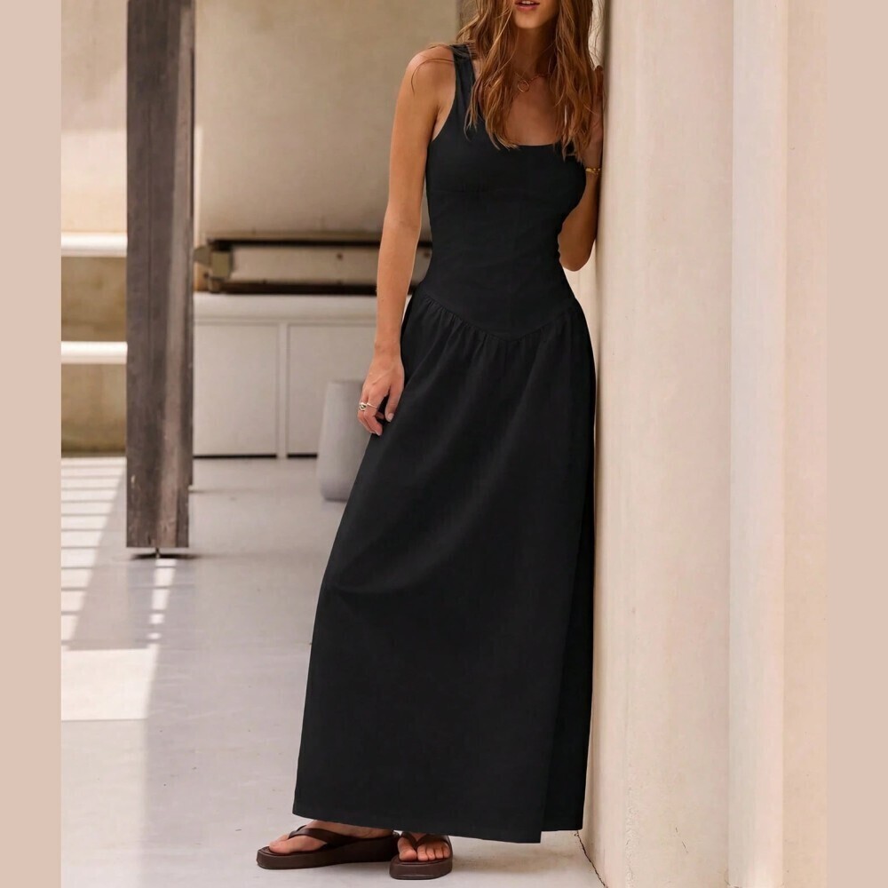 Black Square Neck Sleeveless Fit and Flare Seamed Maxi Dress